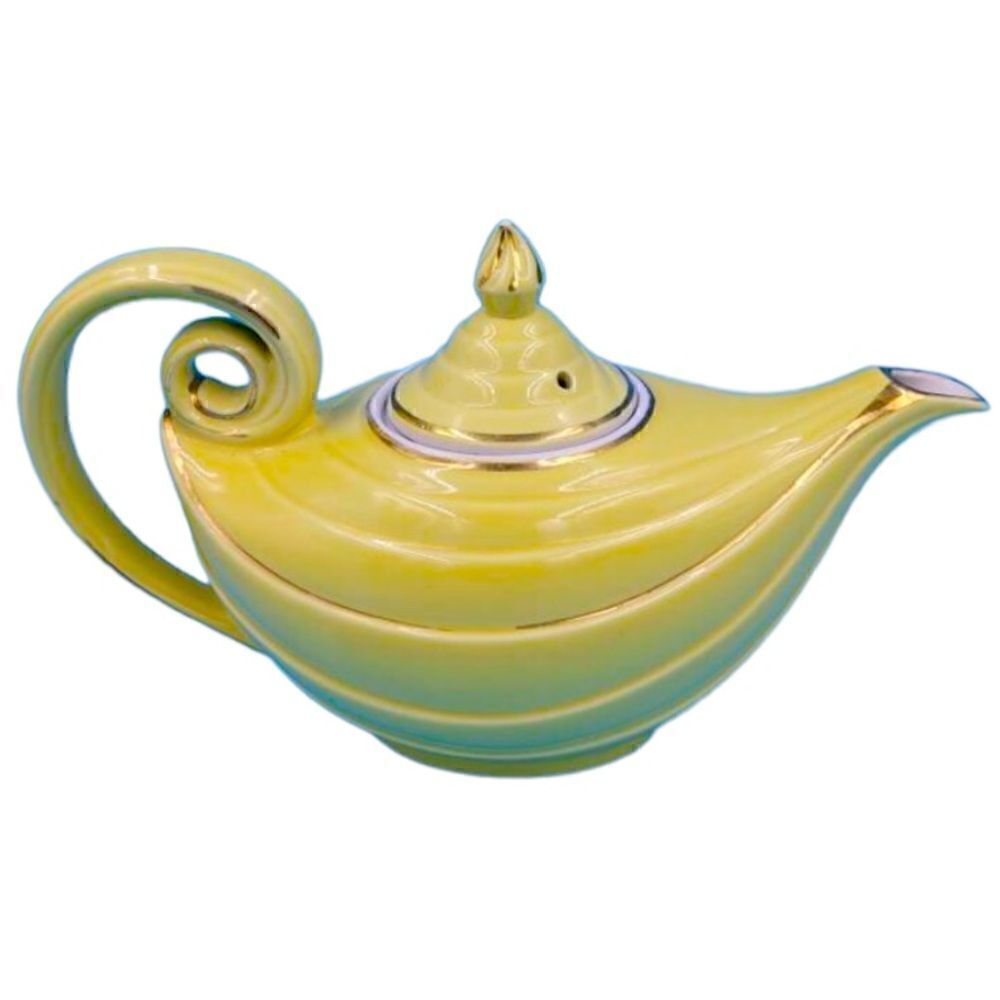 Vintage Hall China Co. Yellow and Gold Teapot with infuser/strainer
